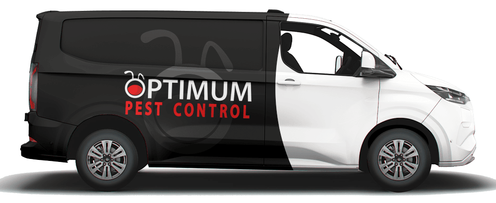 Black and white van with optimum pest logo on it