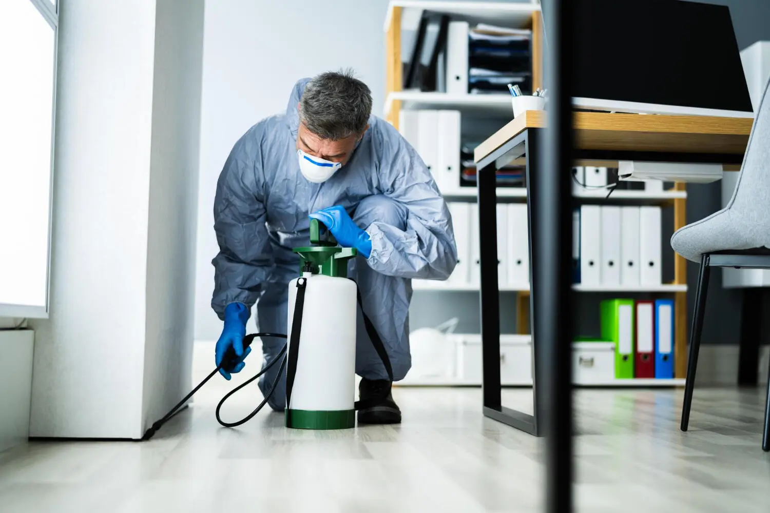 A pest control technician wearing a grey protective suit, face mask, and blue gloves kneels to spray insecticide from a pump sprayer along the baseboard of an office.