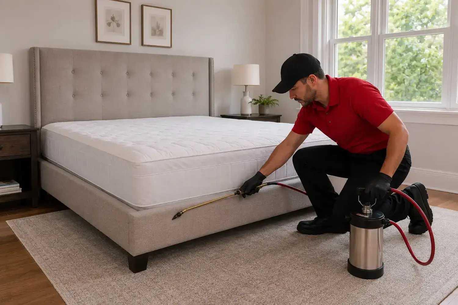 Professional pest control worker in a modern bedroom applying bed bug treatment under a bed in a clean NYC apartment.