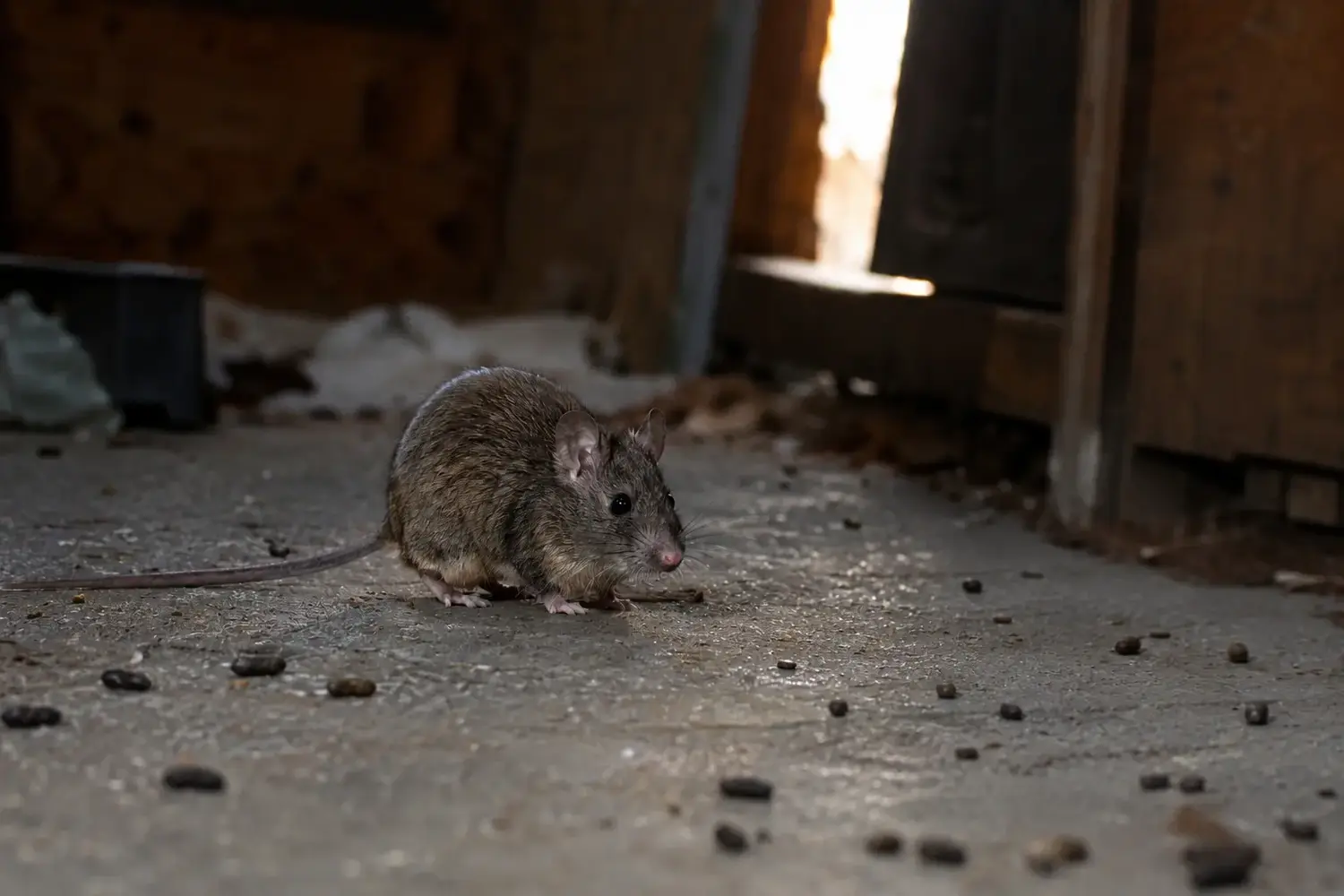 A close-up of a small brown mouse on a dusty floor inside a dimly lit wooden shed or barn.